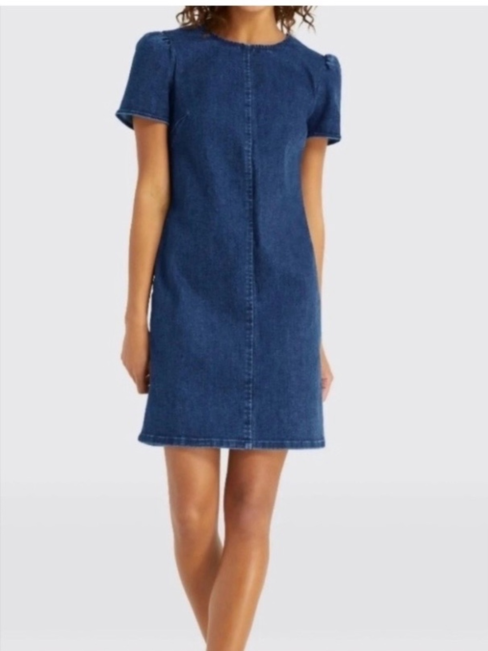 Draper James Dark Wash Denim Short Puff Sleeve Shift Dress with Crew Neckline